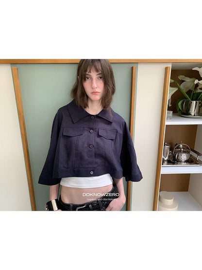 DKZ OFFICIAL Deep Navy Cape Style Loose Layered Buttoned Women&