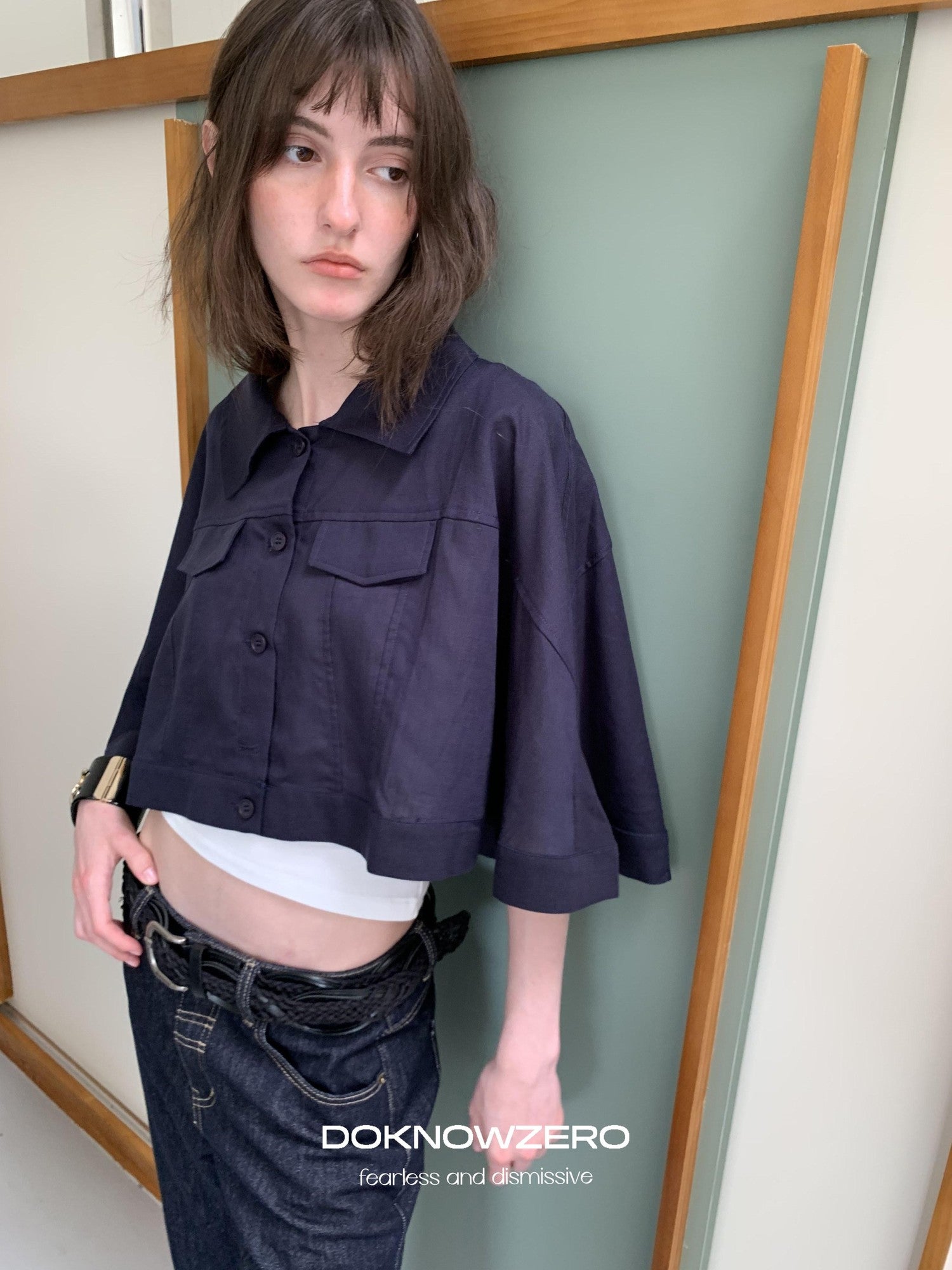 DKZ OFFICIAL Deep Navy Cape Style Loose Layered Buttoned Women&