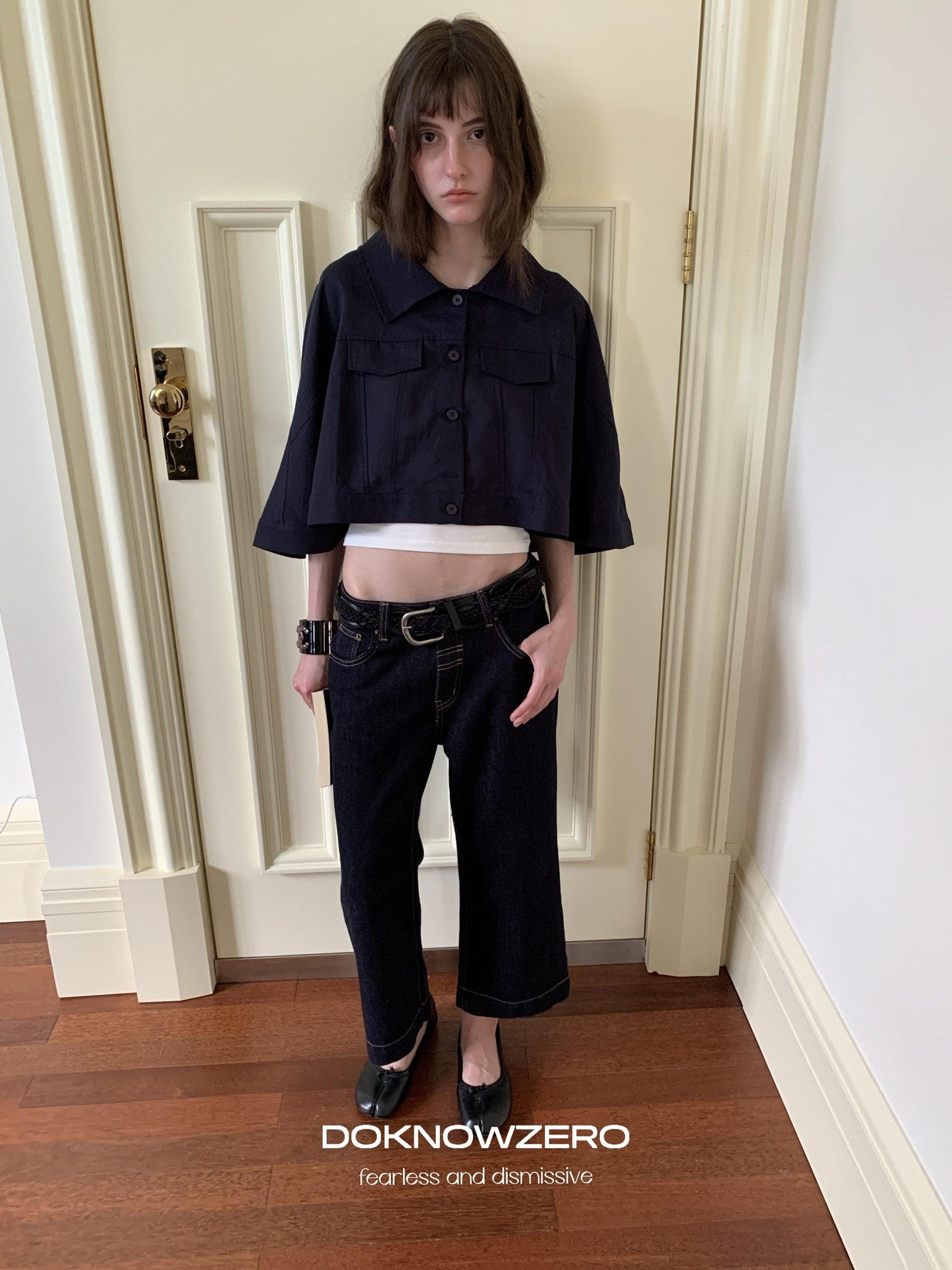 DKZ OFFICIAL Deep Navy Cape Style Loose Layered Buttoned Women&