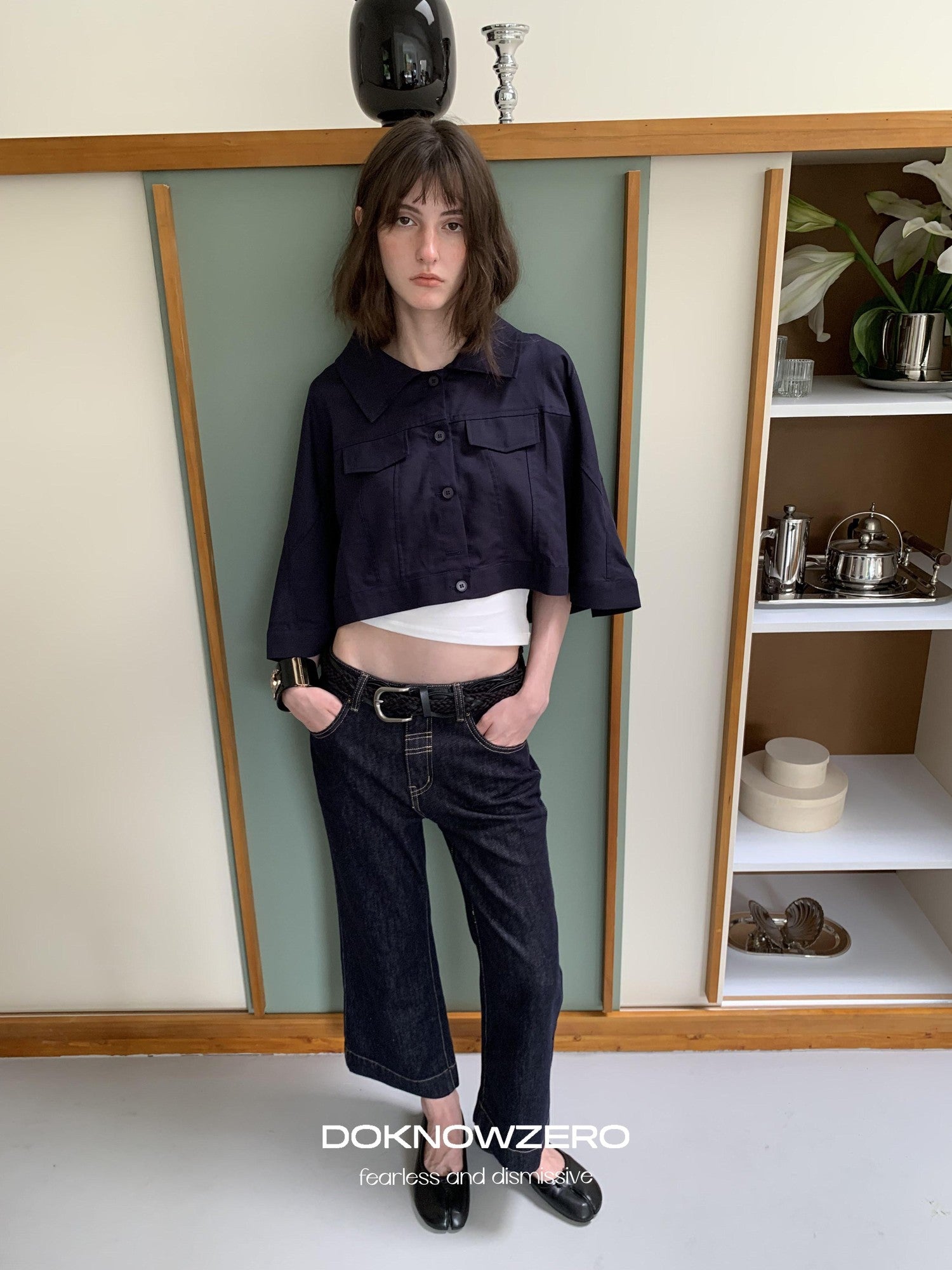 DKZ OFFICIAL Deep Navy Cape Style Loose Layered Buttoned Women&