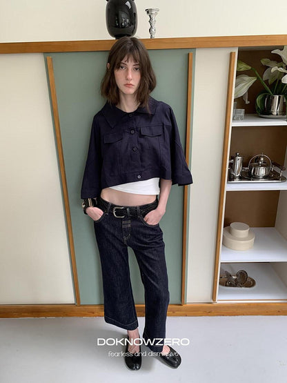 DKZ OFFICIAL Deep Navy Cape Style Loose Layered Buttoned Women&