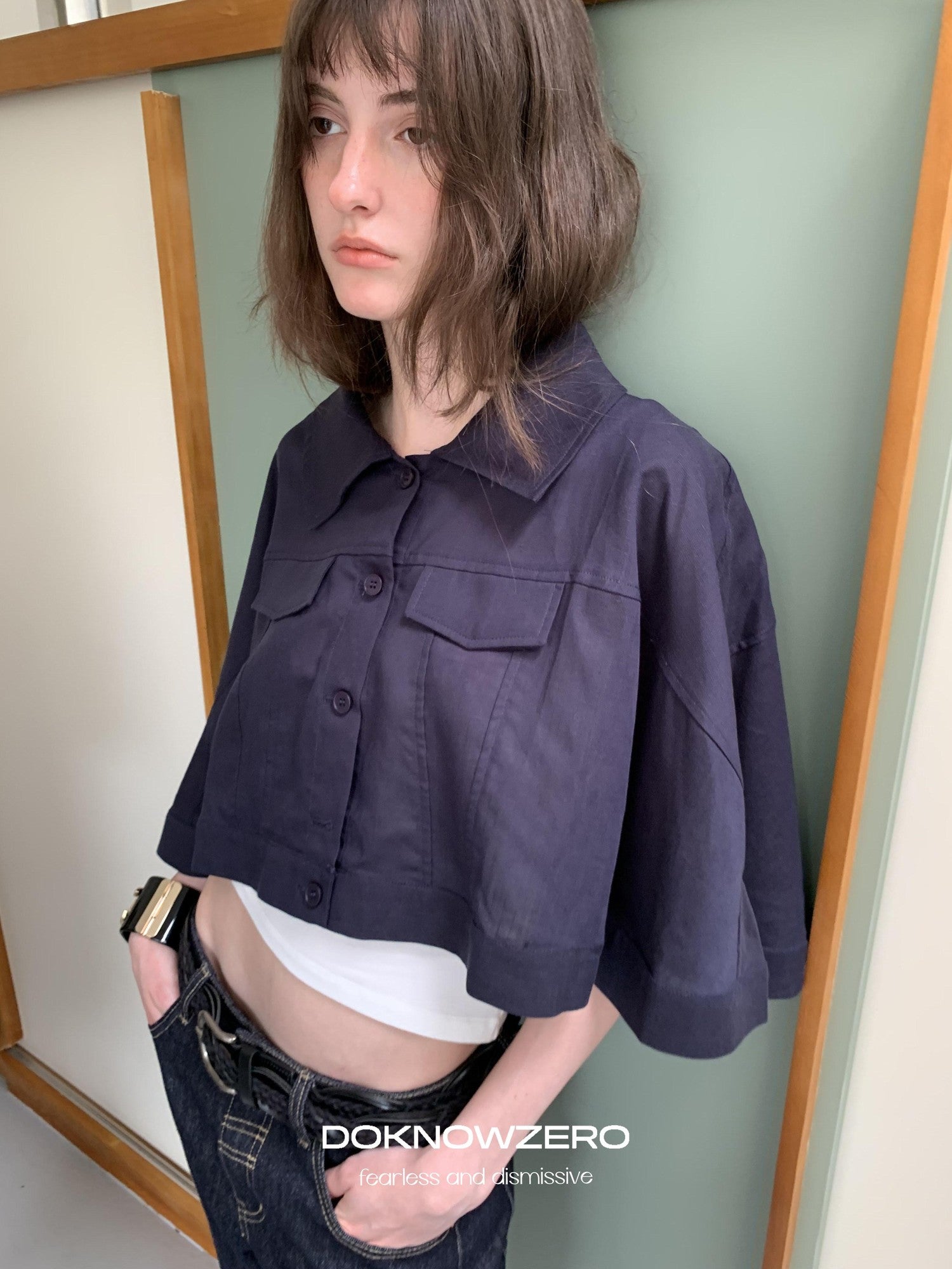 DKZ OFFICIAL Deep Navy Cape Style Loose Layered Buttoned Women&