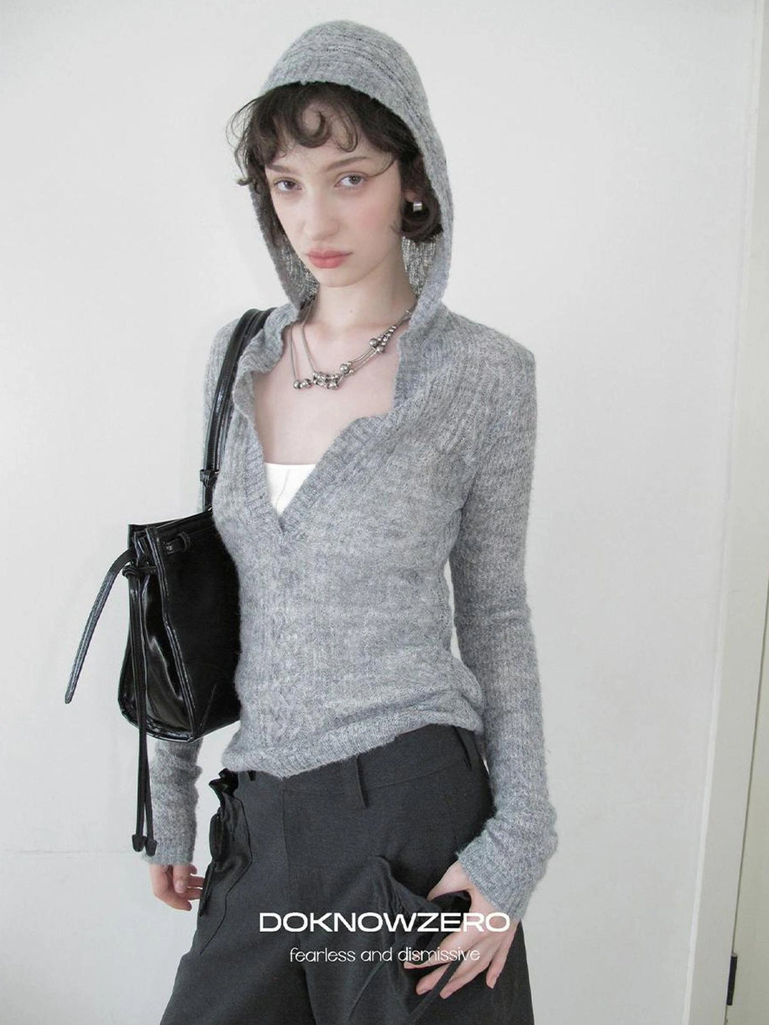 DKZ OFFICIAL Deep V-neck Hooded Knit Sweater For Women