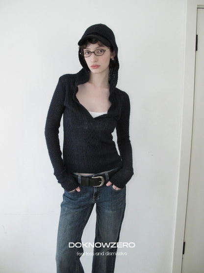 DKZ OFFICIAL Deep V-neck Hooded Knit Sweater For Women