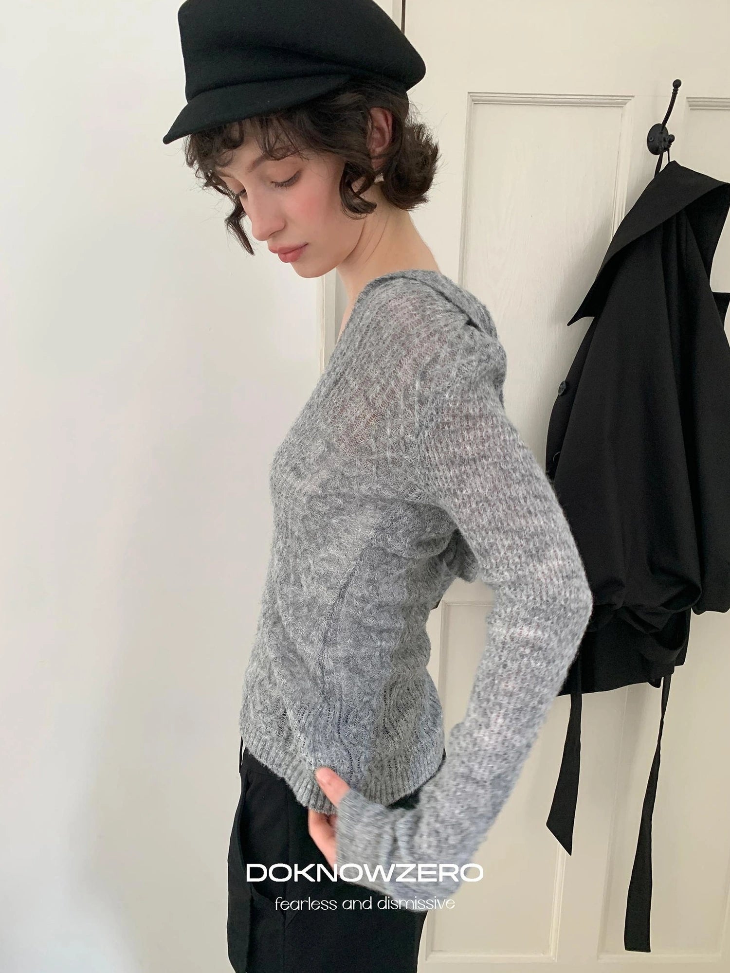 DKZ OFFICIAL Deep V-neck Hooded Knit Sweater For Women