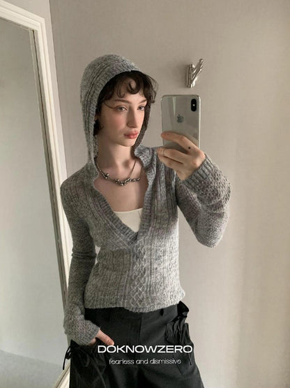 DKZ OFFICIAL Deep V-neck Hooded Knit Sweater For Women