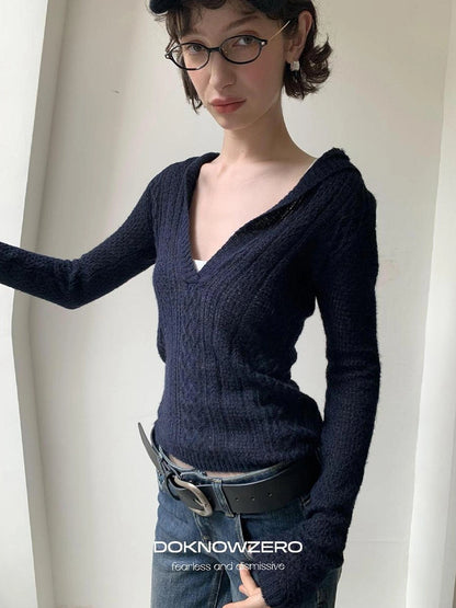 DKZ OFFICIAL Deep V-neck Hooded Knit Sweater For Women