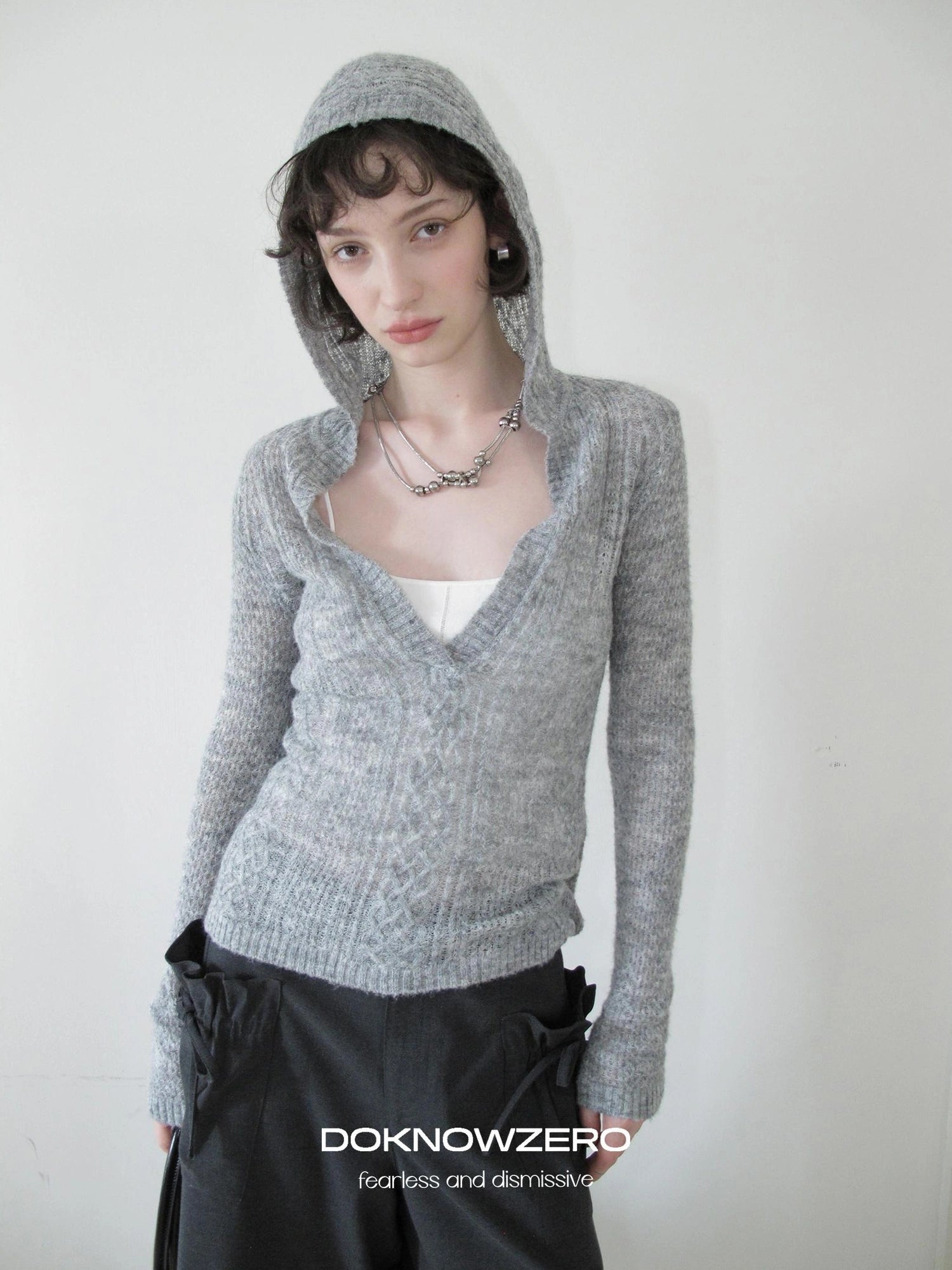 DKZ OFFICIAL Deep V-neck Hooded Knit Sweater For Women