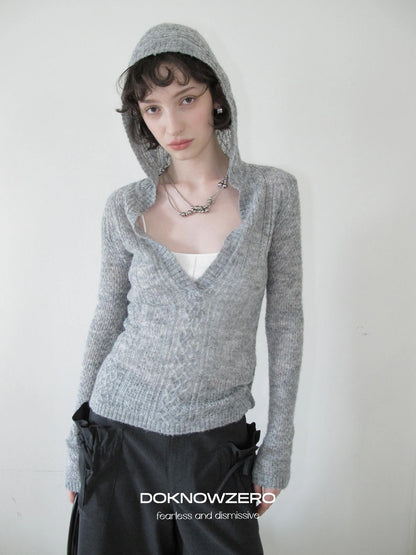 DKZ OFFICIAL Deep V-neck Hooded Knit Sweater For Women