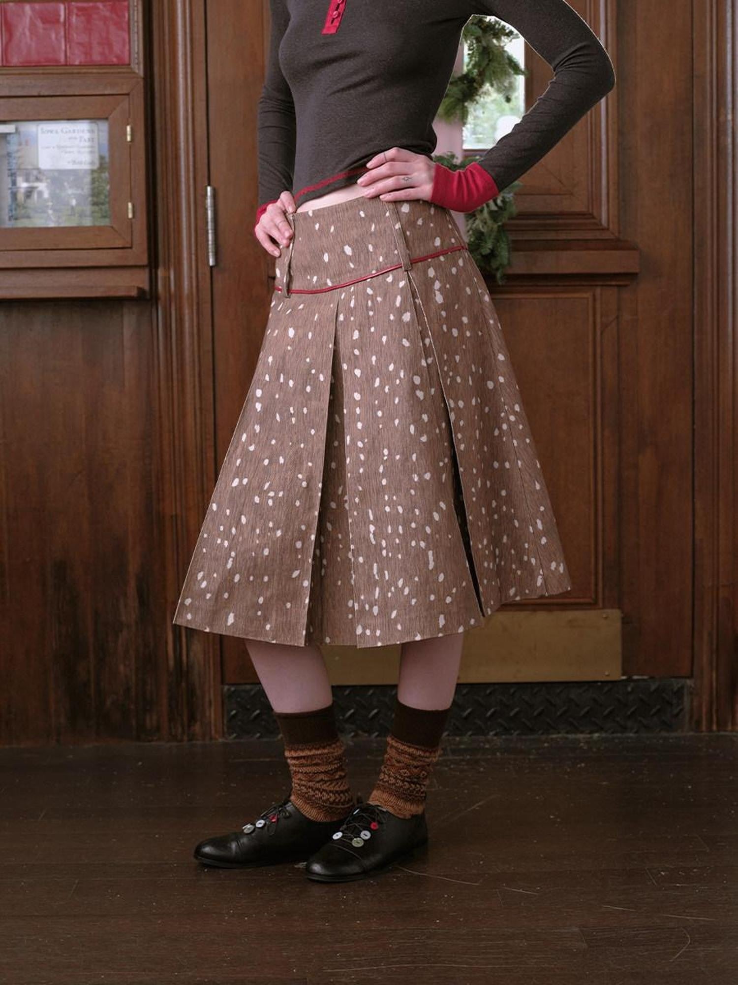 DKZ OFFICIAL Deer Print Pleated Washed Retro Mid Waist A Line Women&