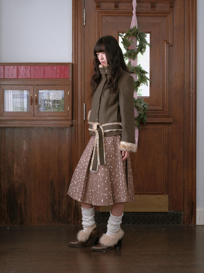 DKZ OFFICIAL Deer Print Pleated Washed Retro Mid Waist A Line Women&