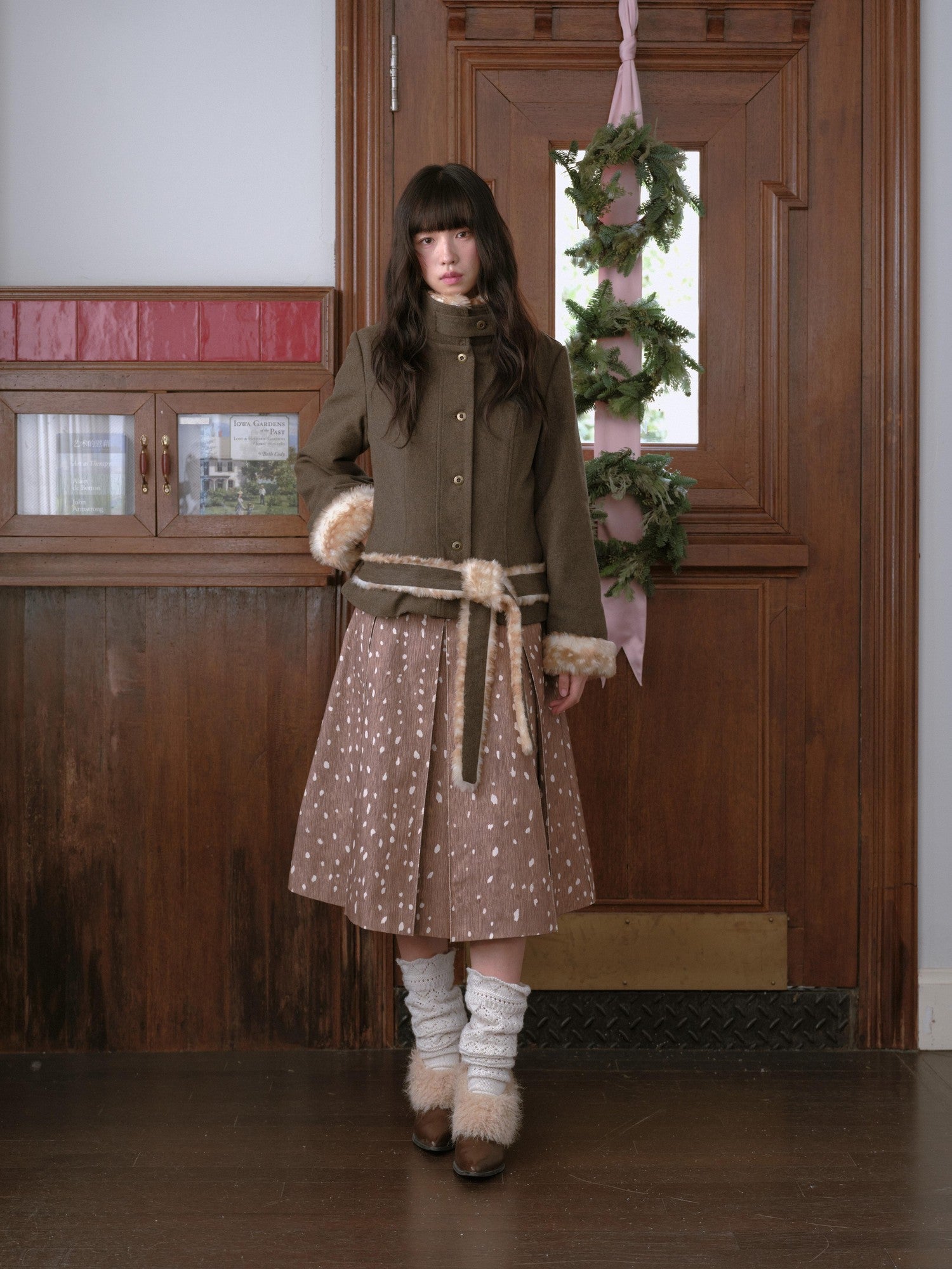DKZ OFFICIAL Deer Print Pleated Washed Retro Mid Waist A Line Women&