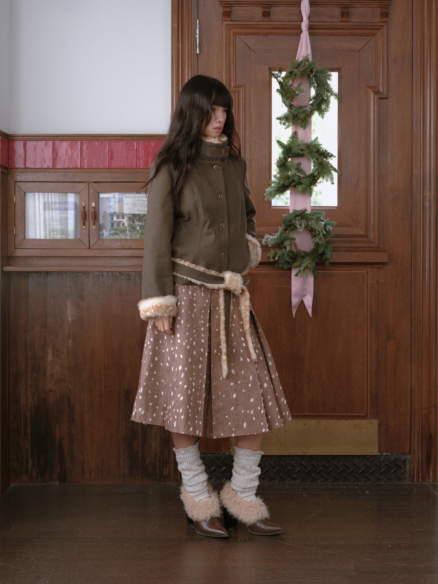 DKZ OFFICIAL Deer Print Pleated Washed Retro Mid Waist A Line Women&