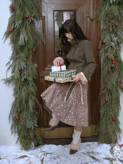 DKZ OFFICIAL Deer Print Pleated Washed Retro Mid Waist A Line Women&