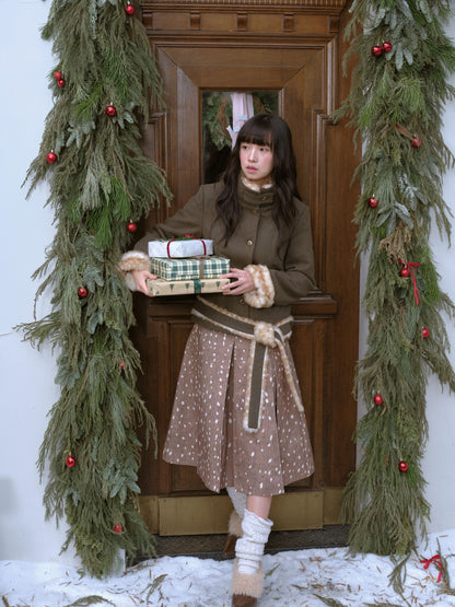 DKZ OFFICIAL Deer Print Pleated Washed Retro Mid Waist A Line Women&