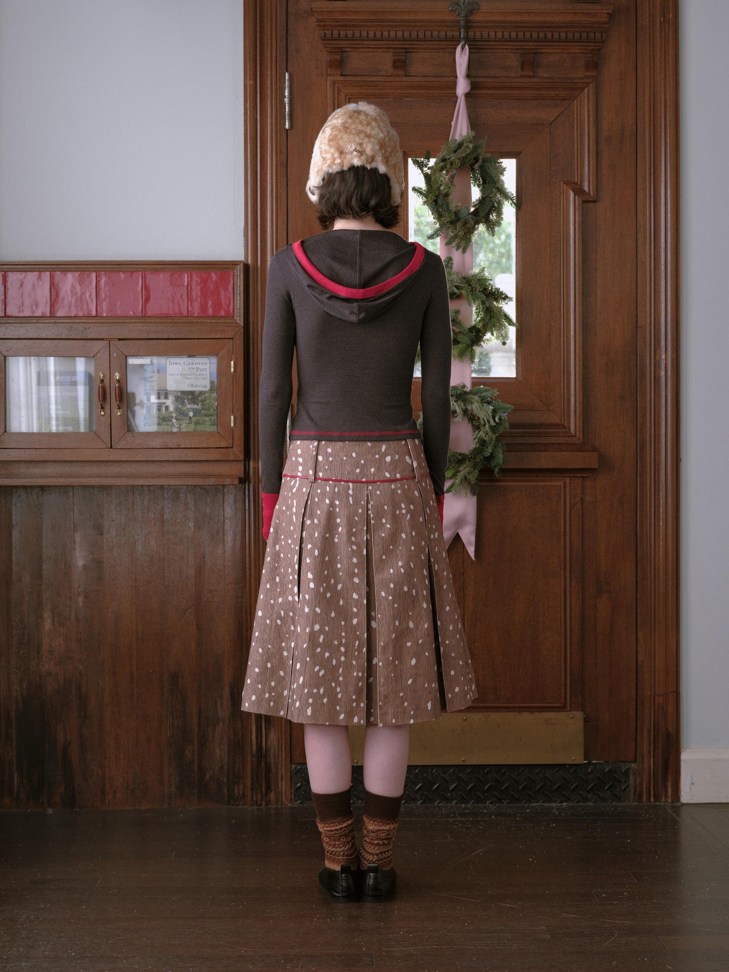 DKZ OFFICIAL Deer Print Pleated Washed Retro Mid Waist A Line Women&