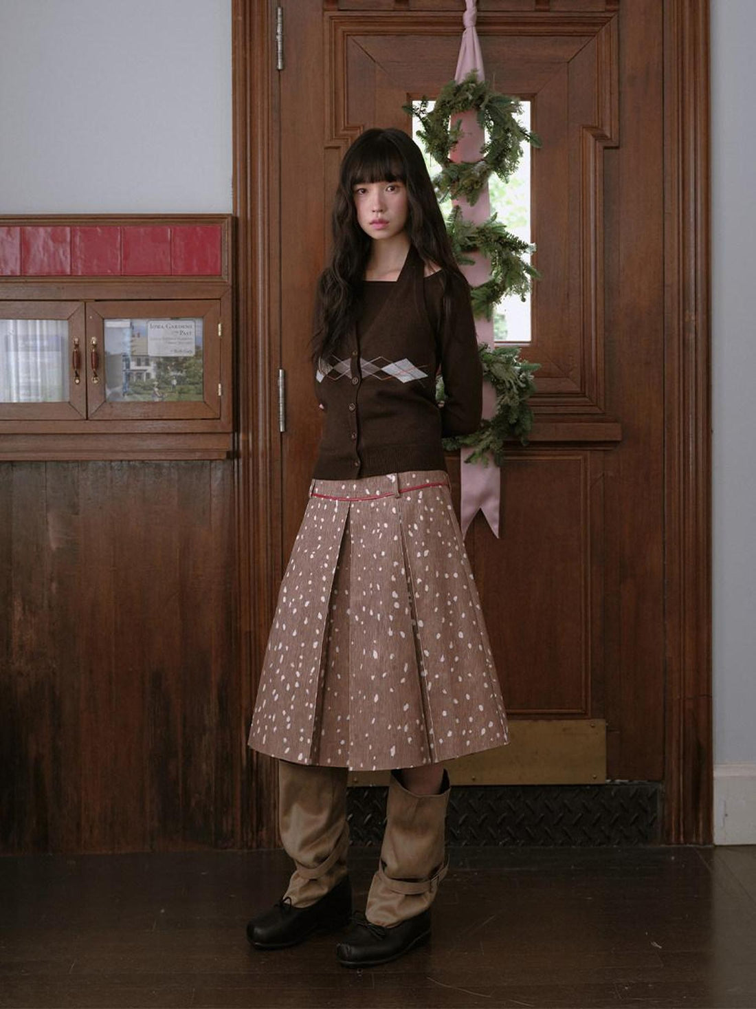 DKZ OFFICIAL Deer Print Pleated Washed Retro Mid Waist A Line Women&