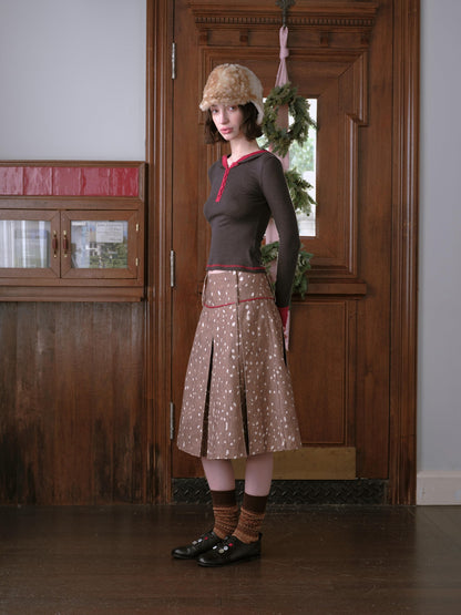 DKZ OFFICIAL Deer Print Pleated Washed Retro Mid Waist A Line Women&