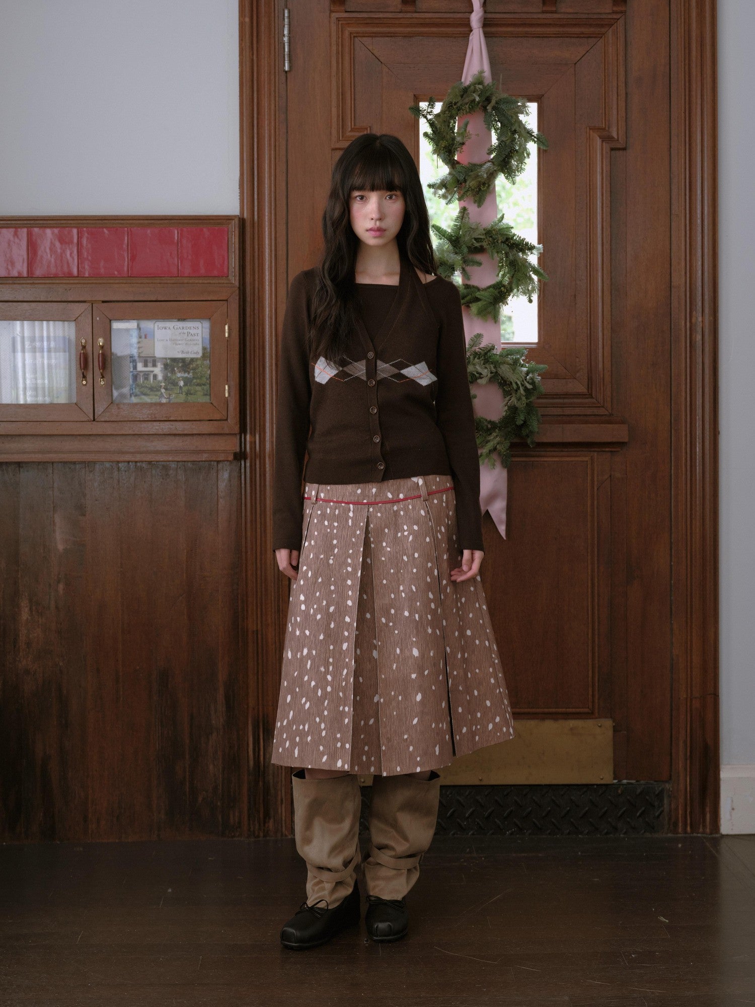 DKZ OFFICIAL Deer Print Pleated Washed Retro Mid Waist A Line Women&