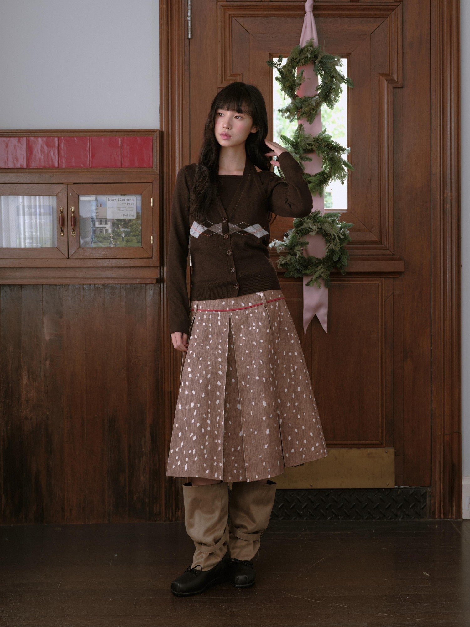DKZ OFFICIAL Deer Print Pleated Washed Retro Mid Waist A Line Women&