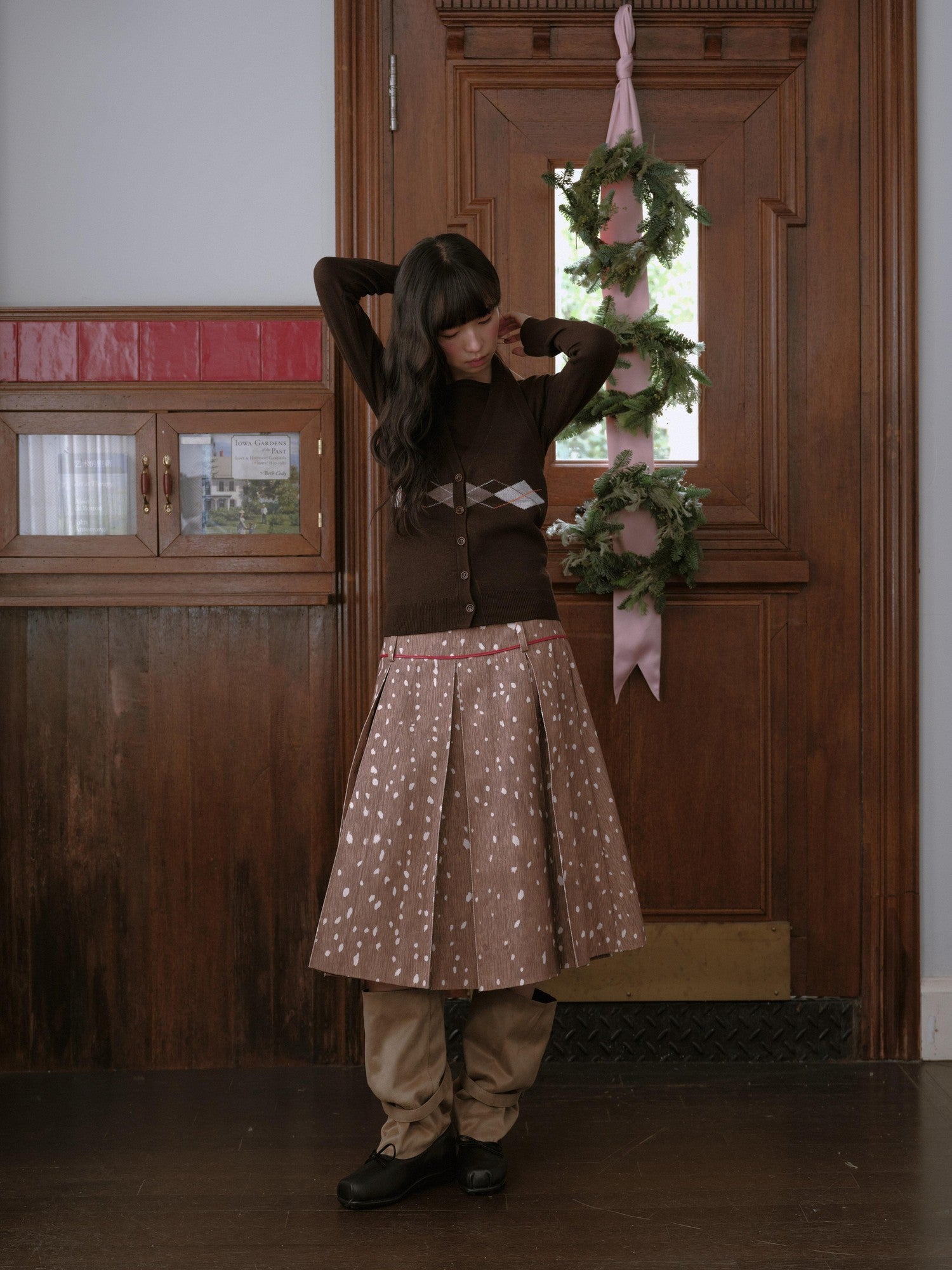 DKZ OFFICIAL Deer Print Pleated Washed Retro Mid Waist A Line Women&