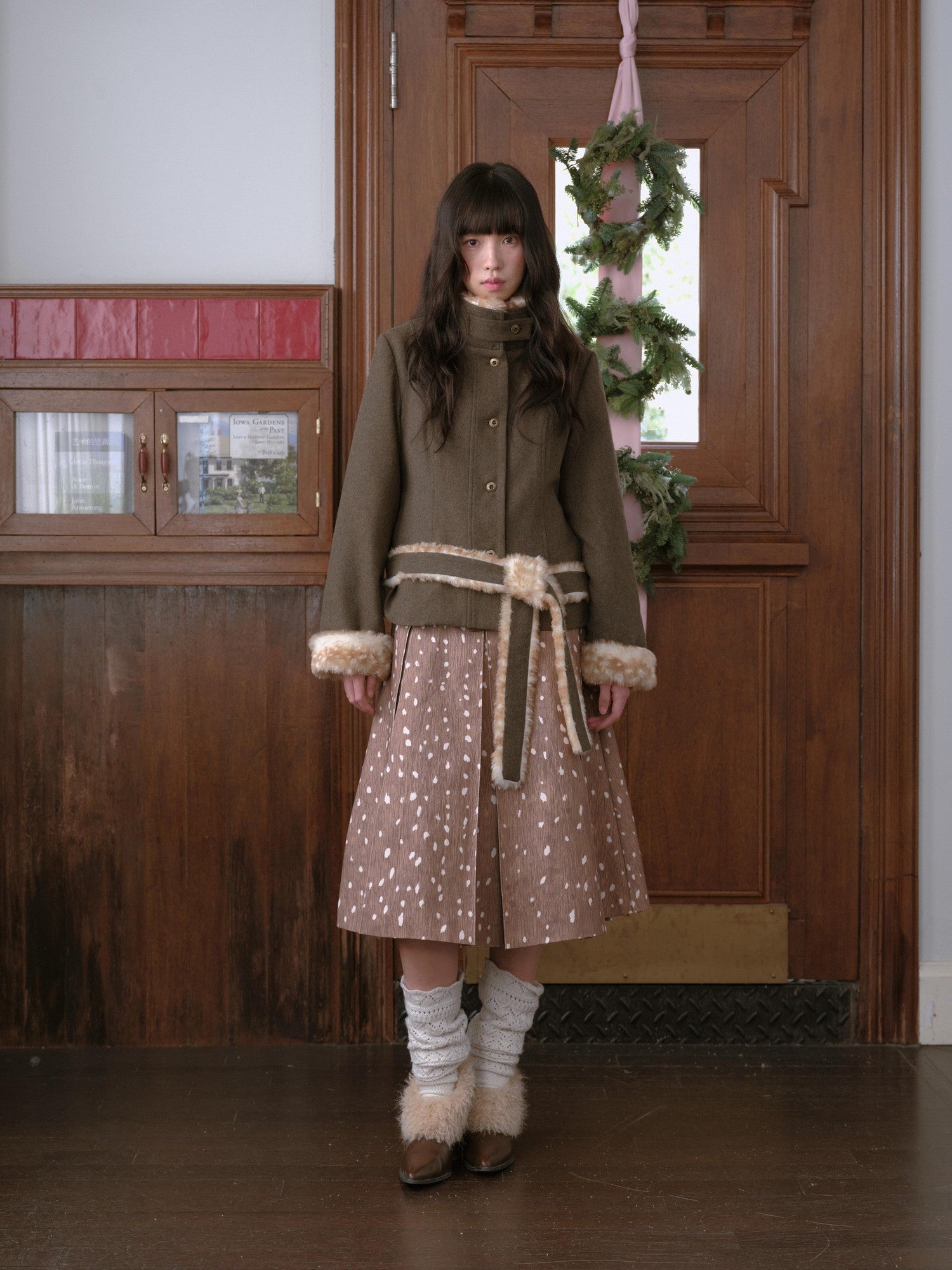 DKZ OFFICIAL Deer Print Pleated Washed Retro Mid Waist A Line Women&
