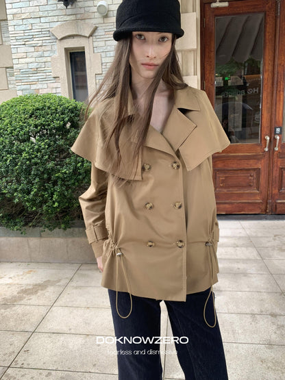 DKZ OFFICIAL Detachable Cape Double Breasted Cinched Waist Women&
