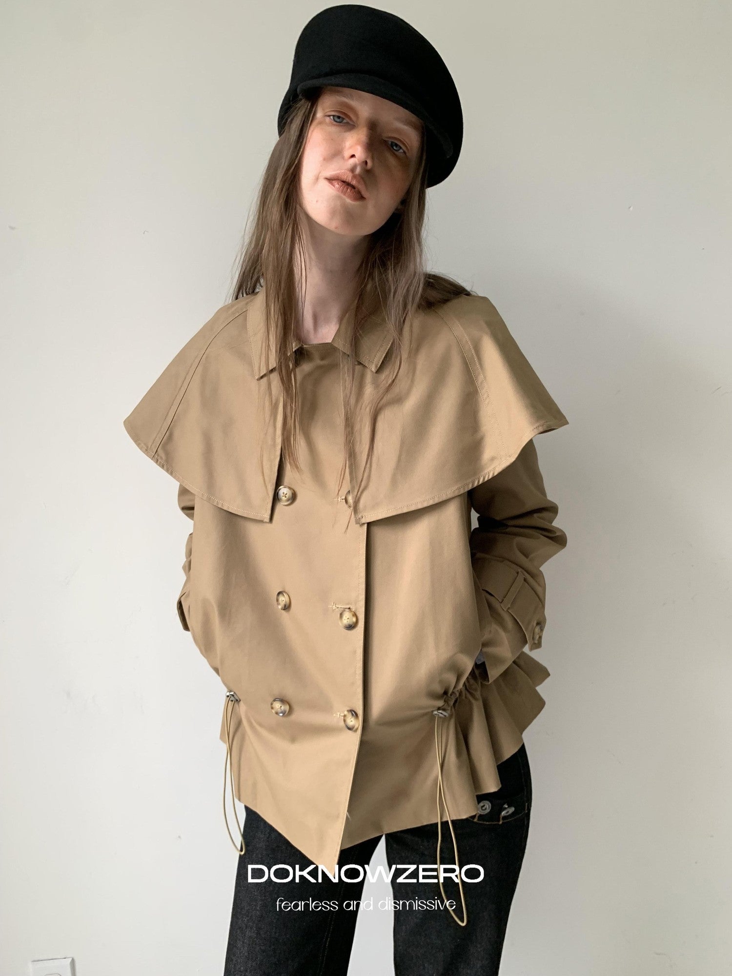 DKZ OFFICIAL Detachable Cape Double Breasted Cinched Waist Women&