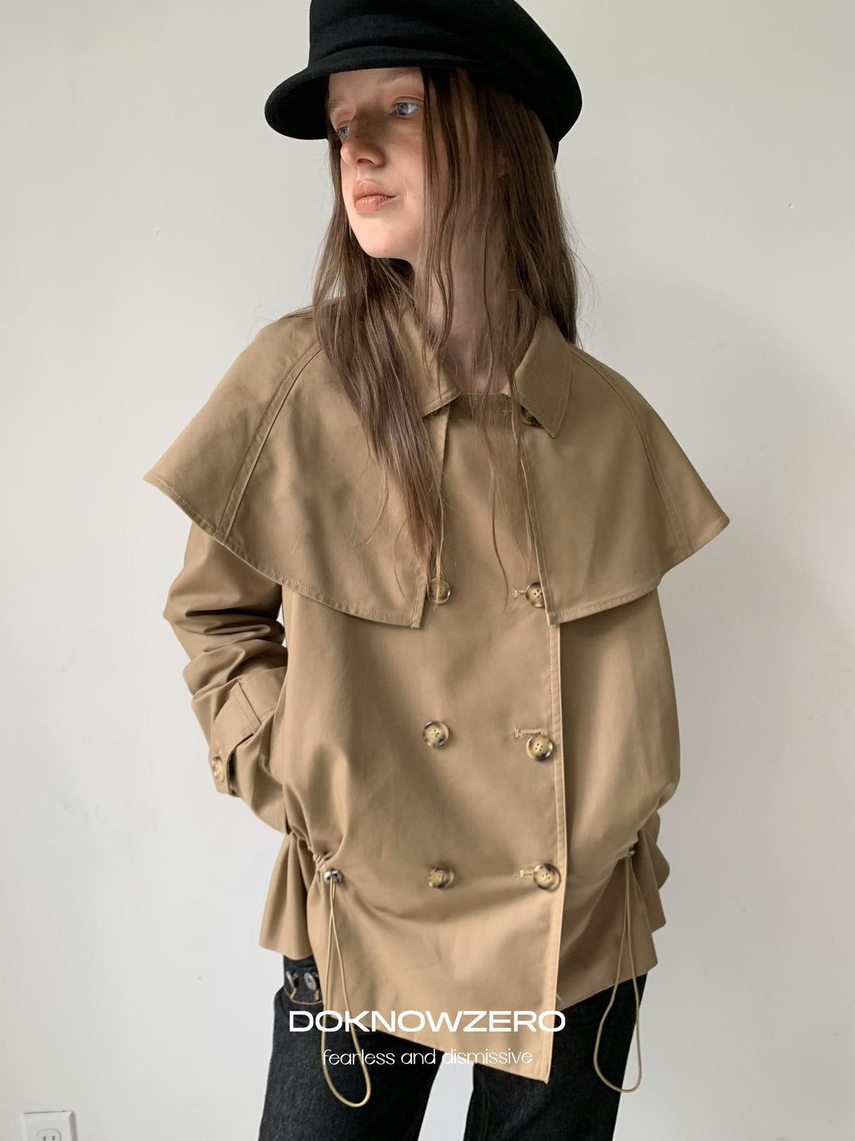 DKZ OFFICIAL Detachable Cape Double Breasted Cinched Waist Women&