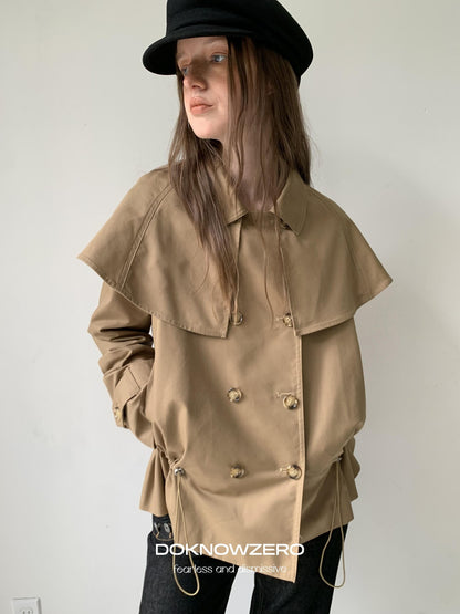DKZ OFFICIAL Detachable Cape Double Breasted Cinched Waist Women&