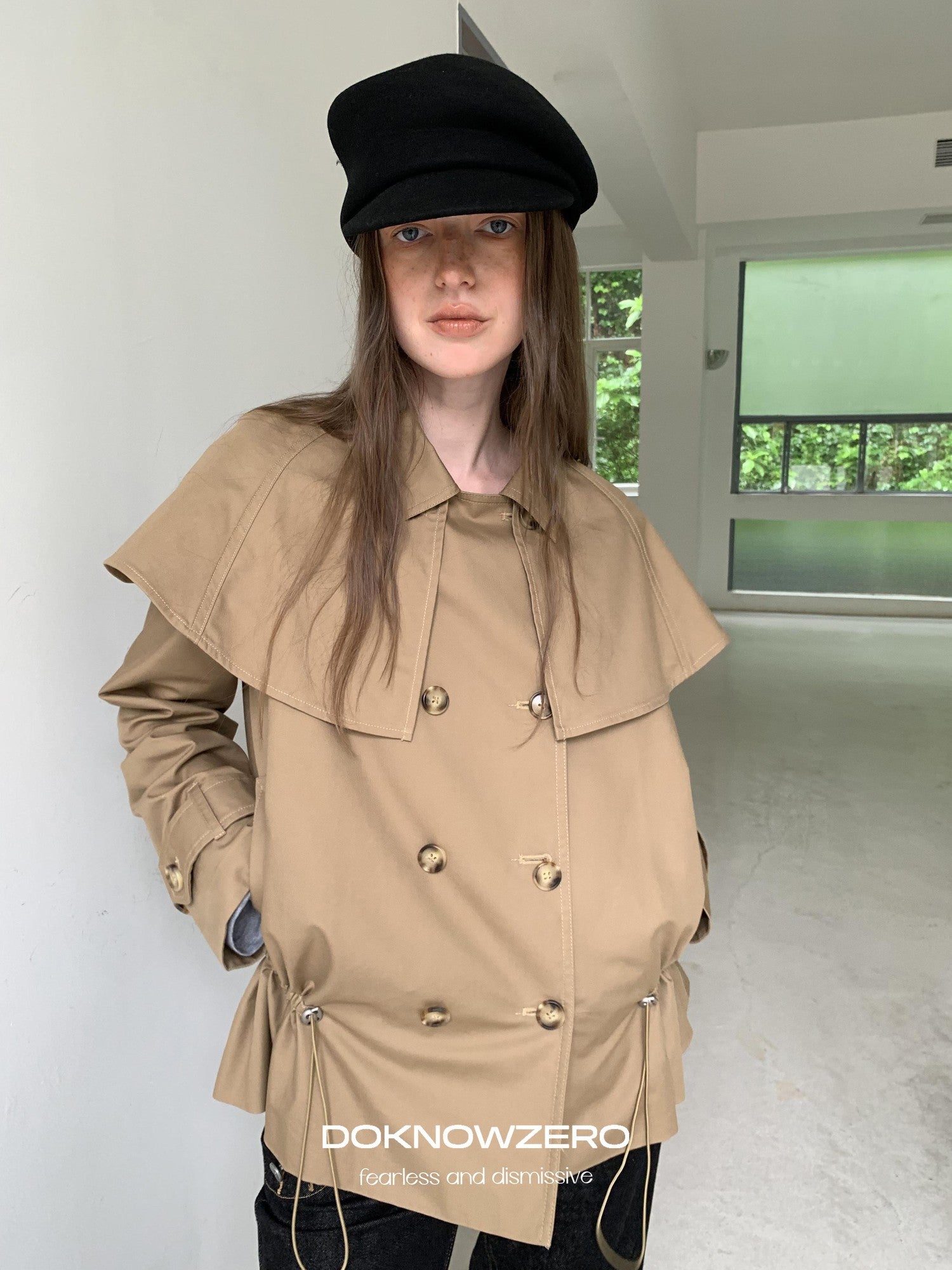DKZ OFFICIAL Detachable Cape Double Breasted Cinched Waist Women&