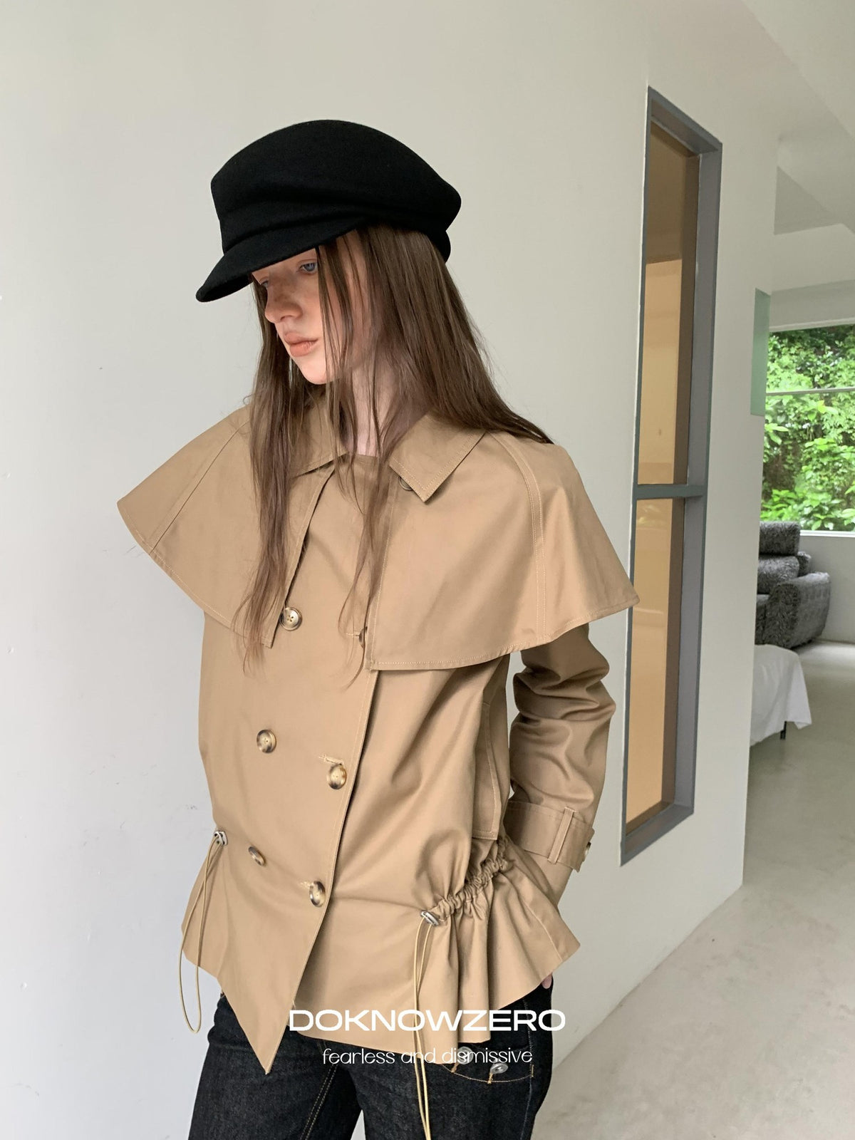 DKZ OFFICIAL Detachable Cape Double Breasted Cinched Waist Women&