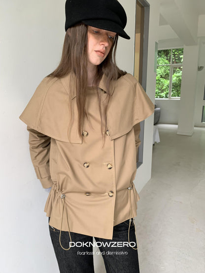 DKZ OFFICIAL Detachable Cape Double Breasted Cinched Waist Women&