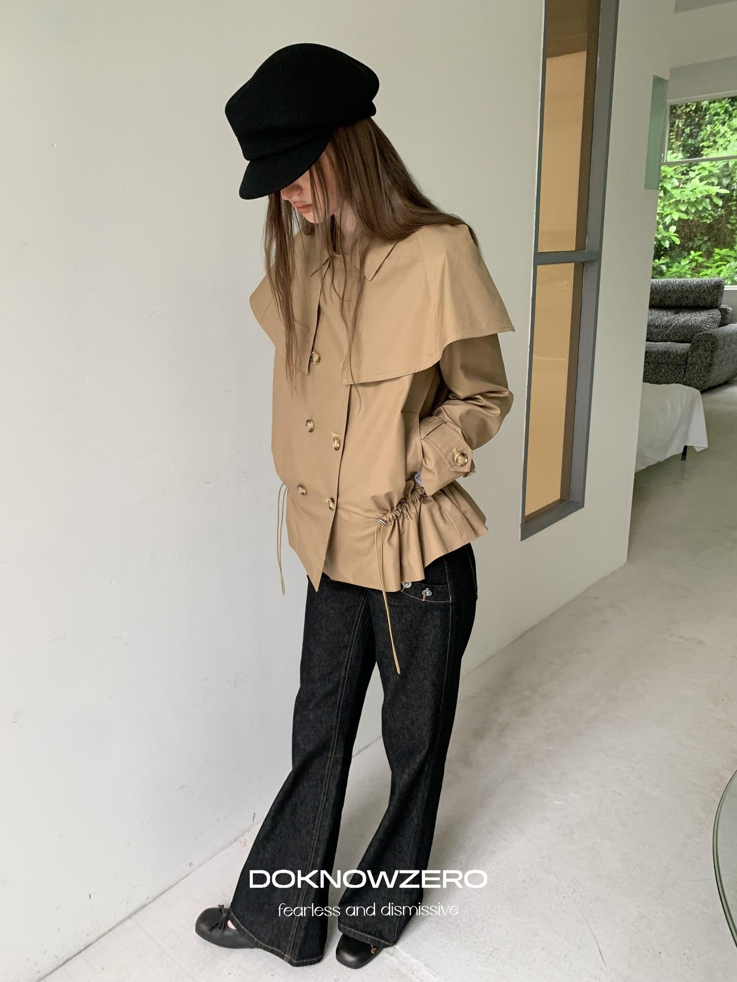 DKZ OFFICIAL Detachable Cape Double Breasted Cinched Waist Women&