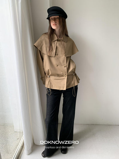 DKZ OFFICIAL Detachable Cape Double Breasted Cinched Waist Women&