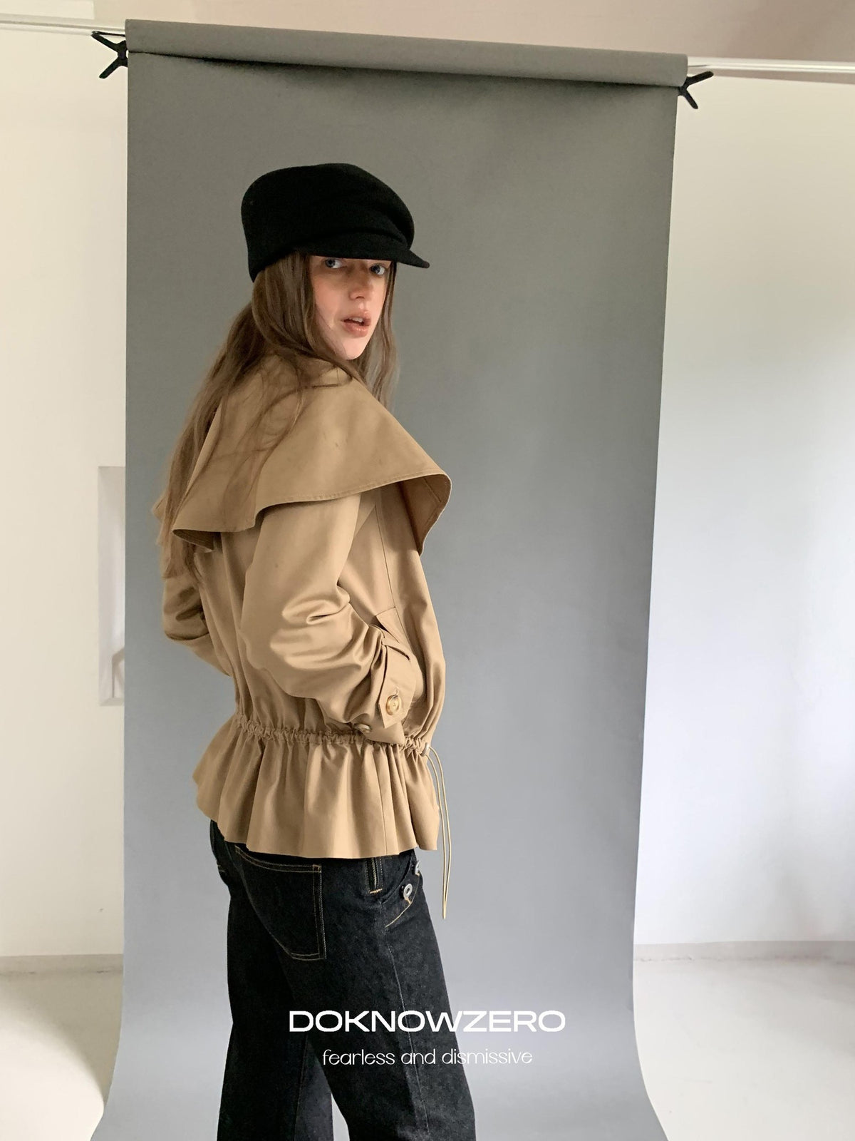 DKZ OFFICIAL Detachable Cape Double Breasted Cinched Waist Women&