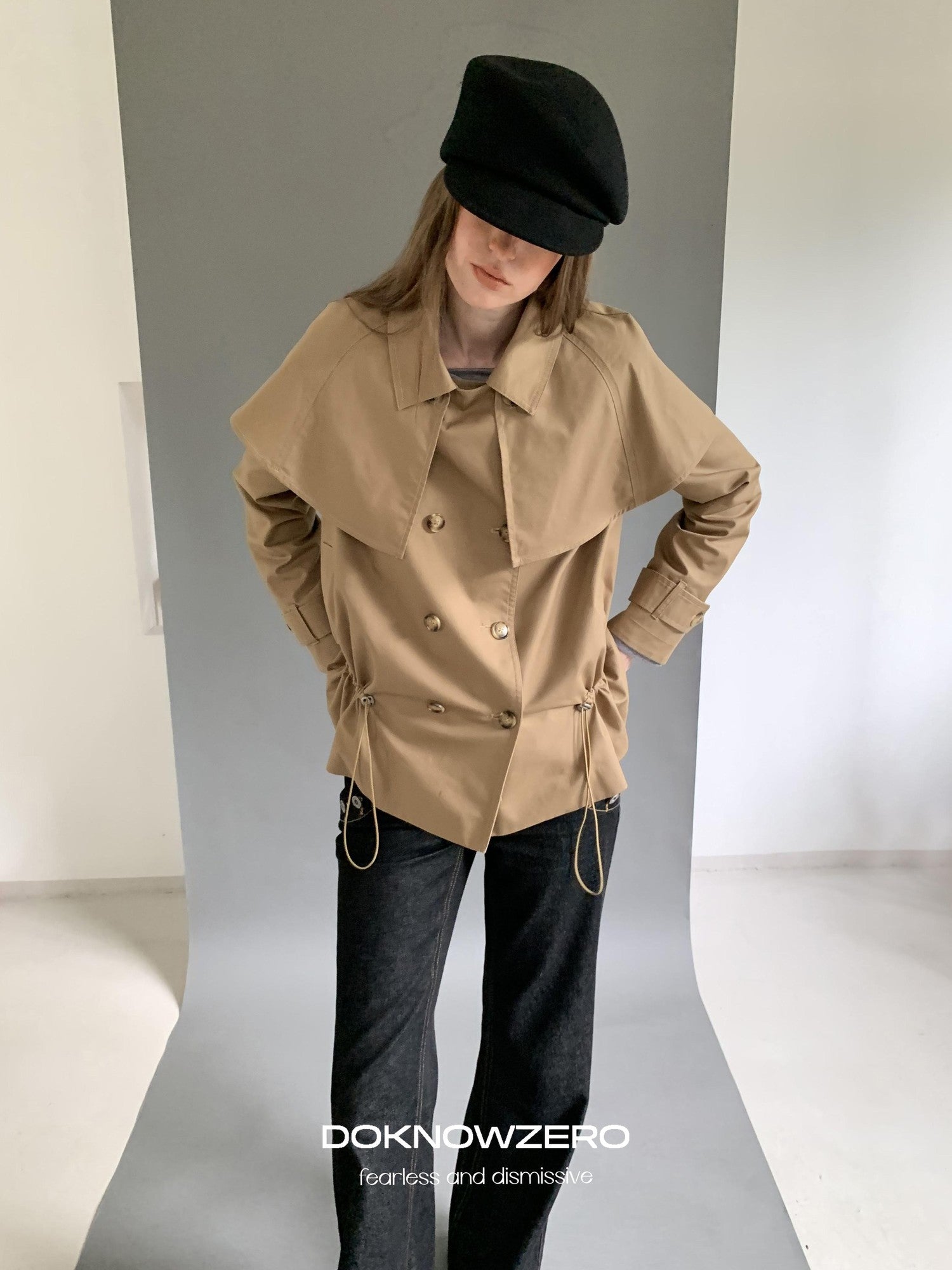 DKZ OFFICIAL Detachable Cape Double Breasted Cinched Waist Women&