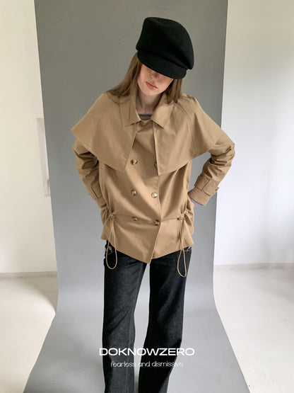 DKZ OFFICIAL Detachable Cape Double Breasted Cinched Waist Women&
