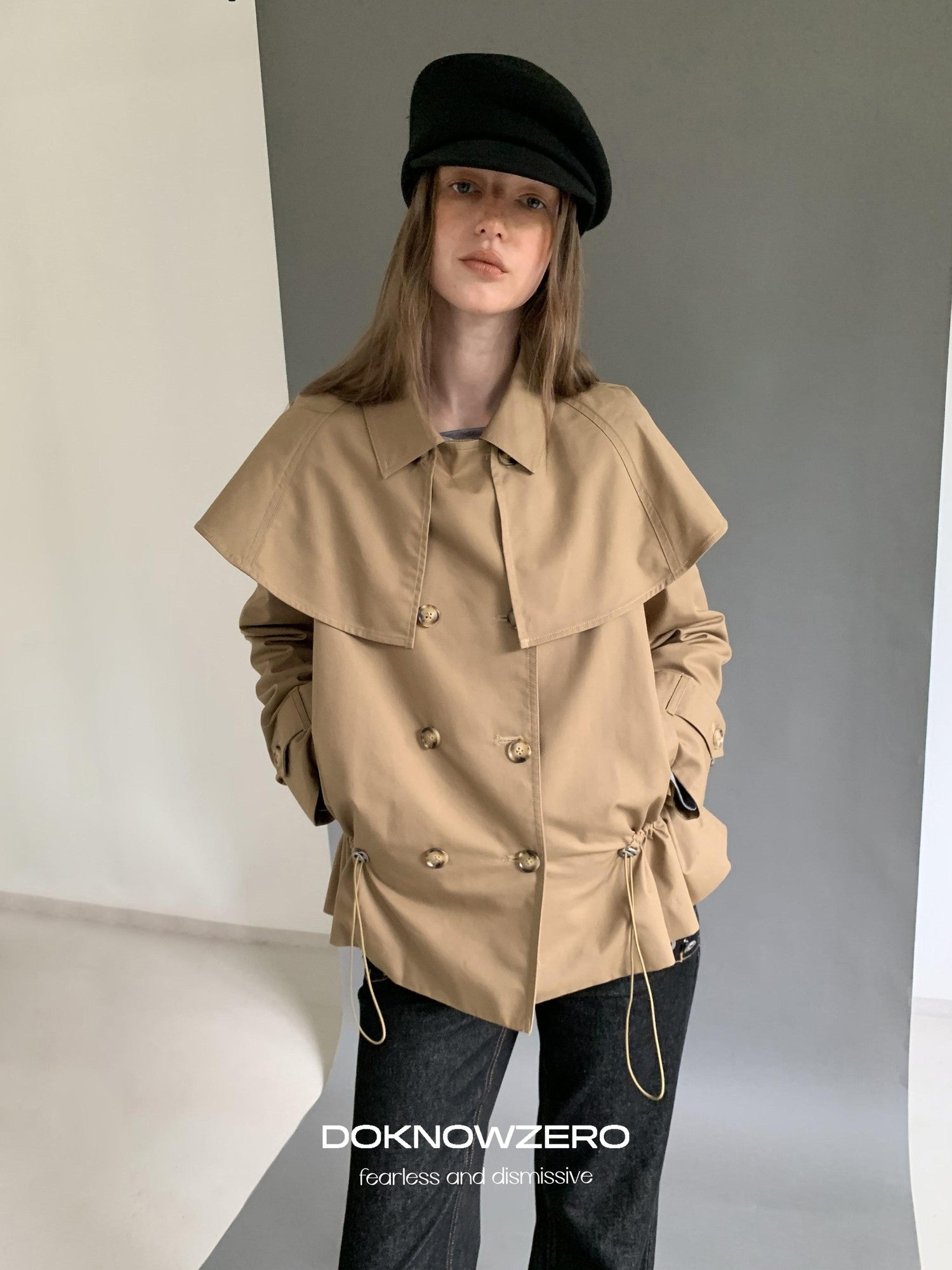 DKZ OFFICIAL Detachable Cape Double Breasted Cinched Waist Women&