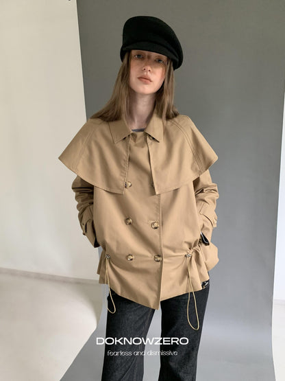 DKZ OFFICIAL Detachable Cape Double Breasted Cinched Waist Women&