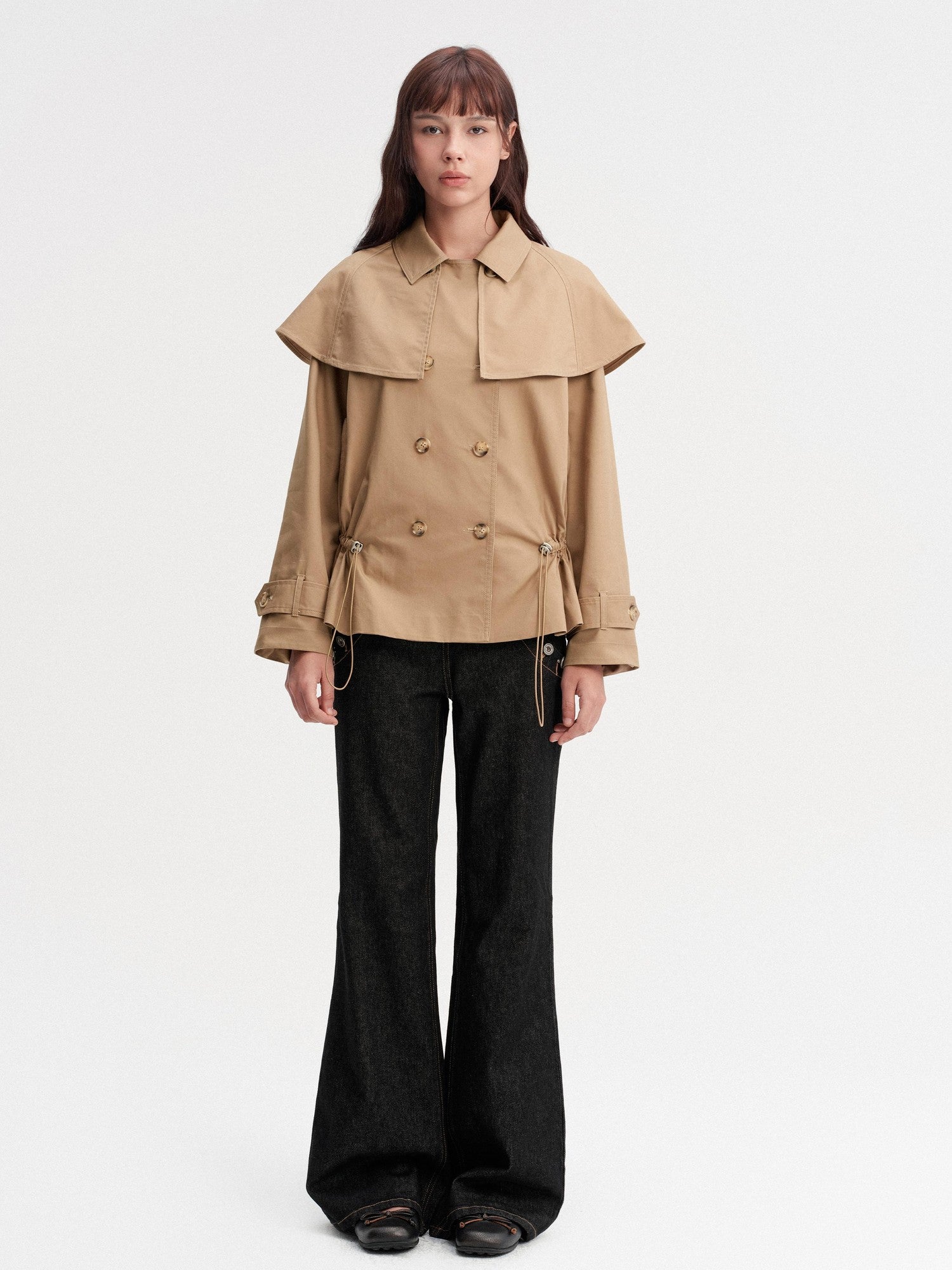 DKZ OFFICIAL Detachable Cape Double Breasted Cinched Waist Women&