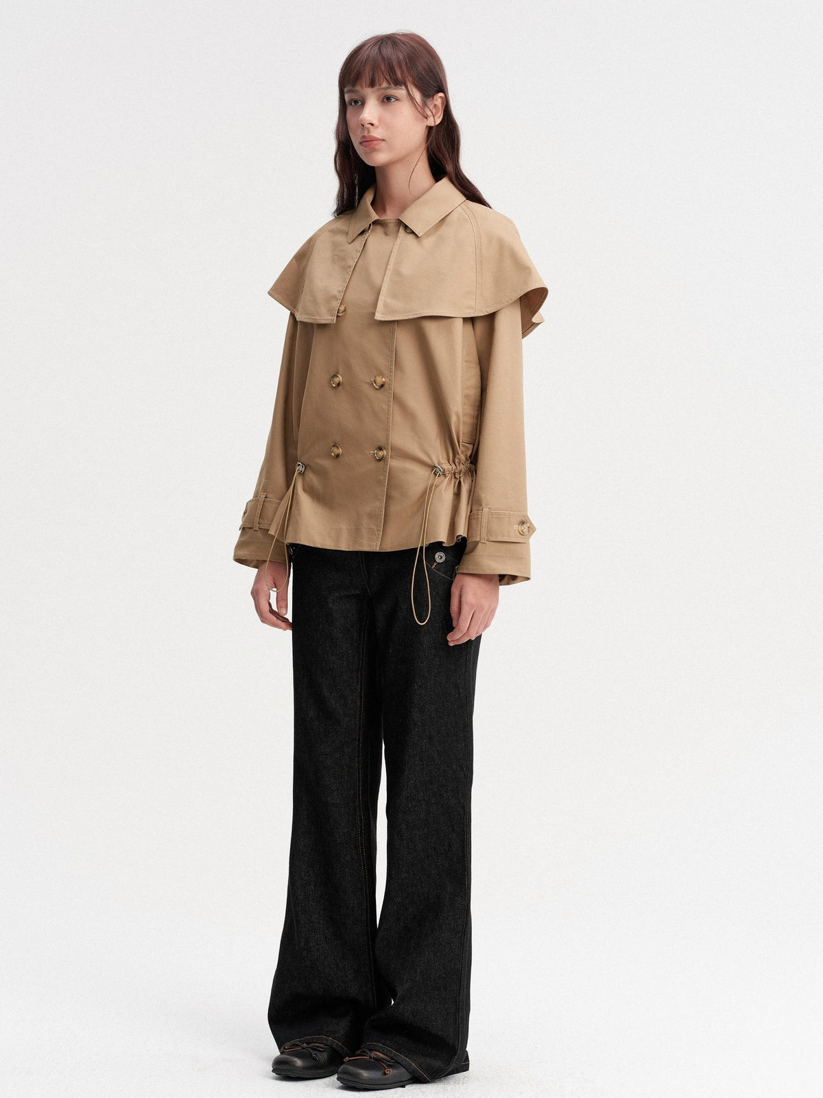 DKZ OFFICIAL Detachable Cape Double Breasted Cinched Waist Women&