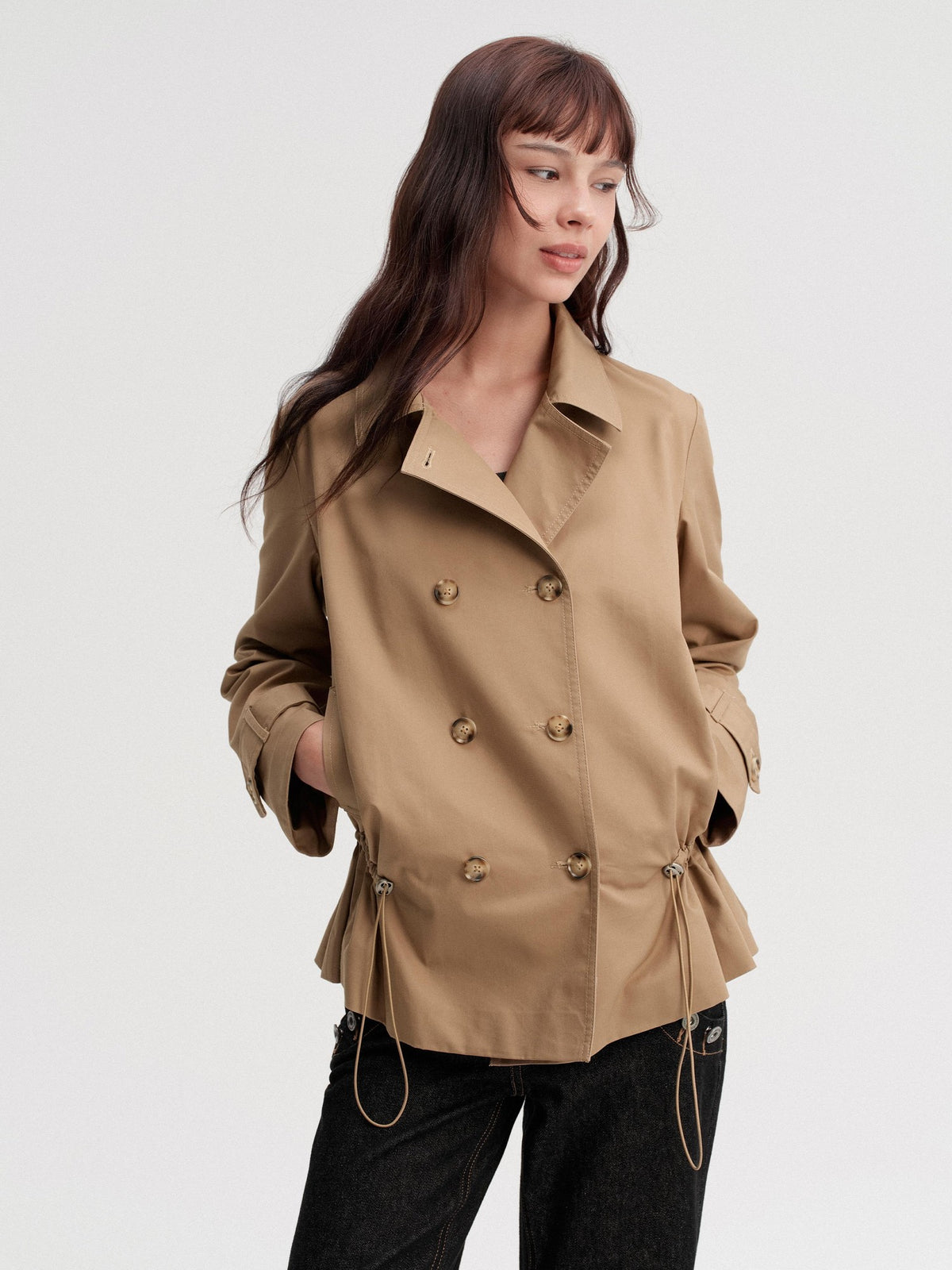 DKZ OFFICIAL Detachable Cape Double Breasted Cinched Waist Women&