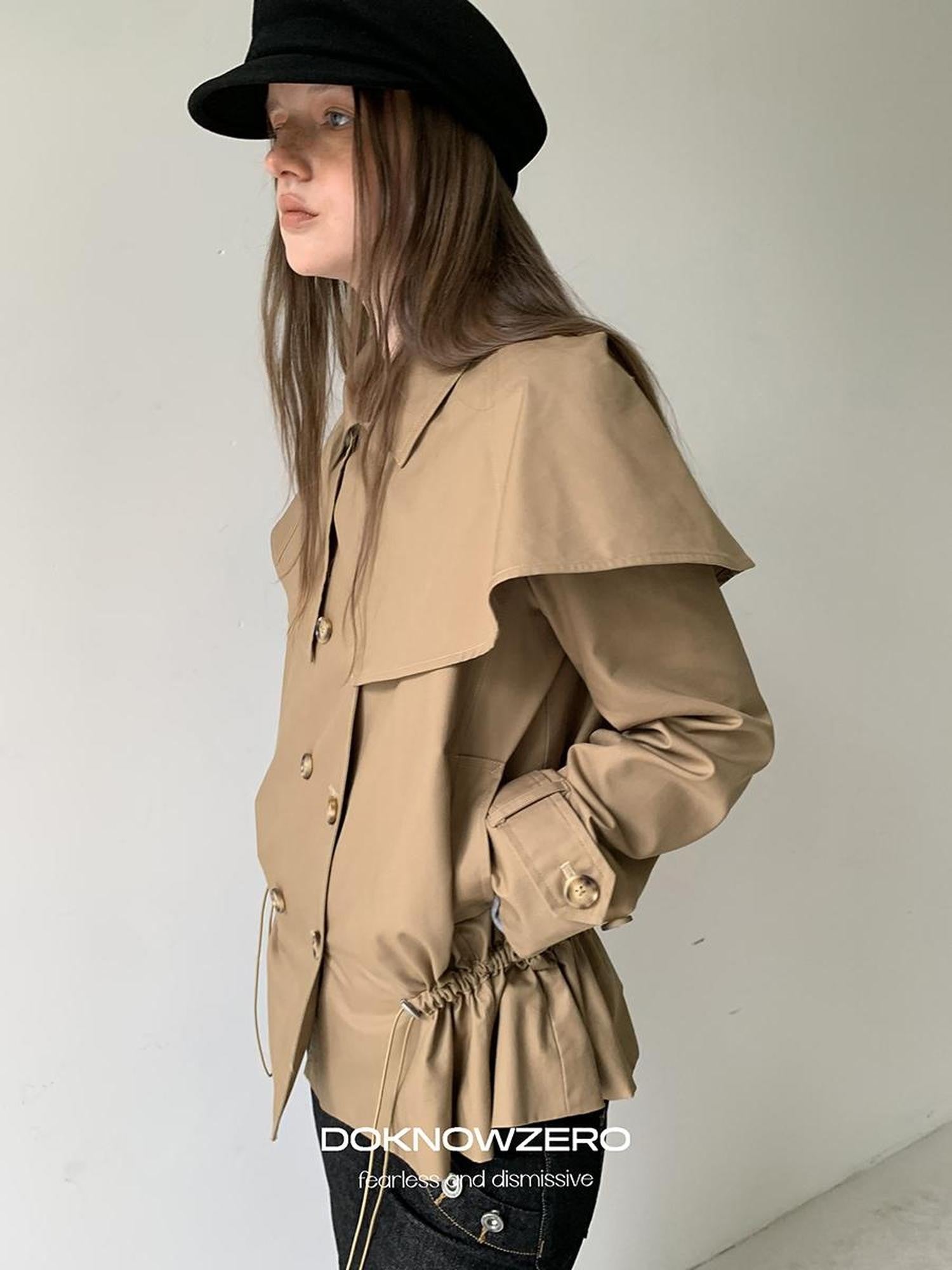 DKZ OFFICIAL Detachable Cape Double Breasted Cinched Waist Women&