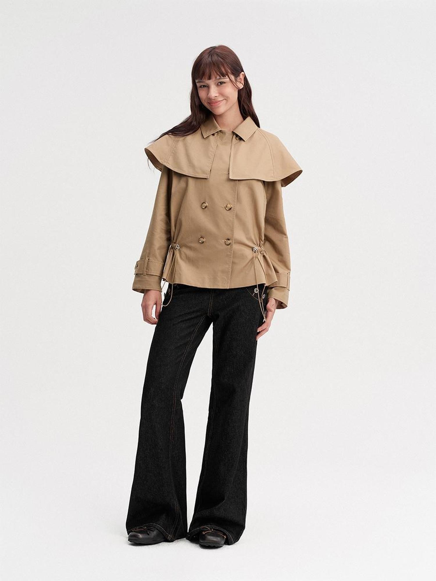 DKZ OFFICIAL Detachable Cape Double Breasted Cinched Waist Women&