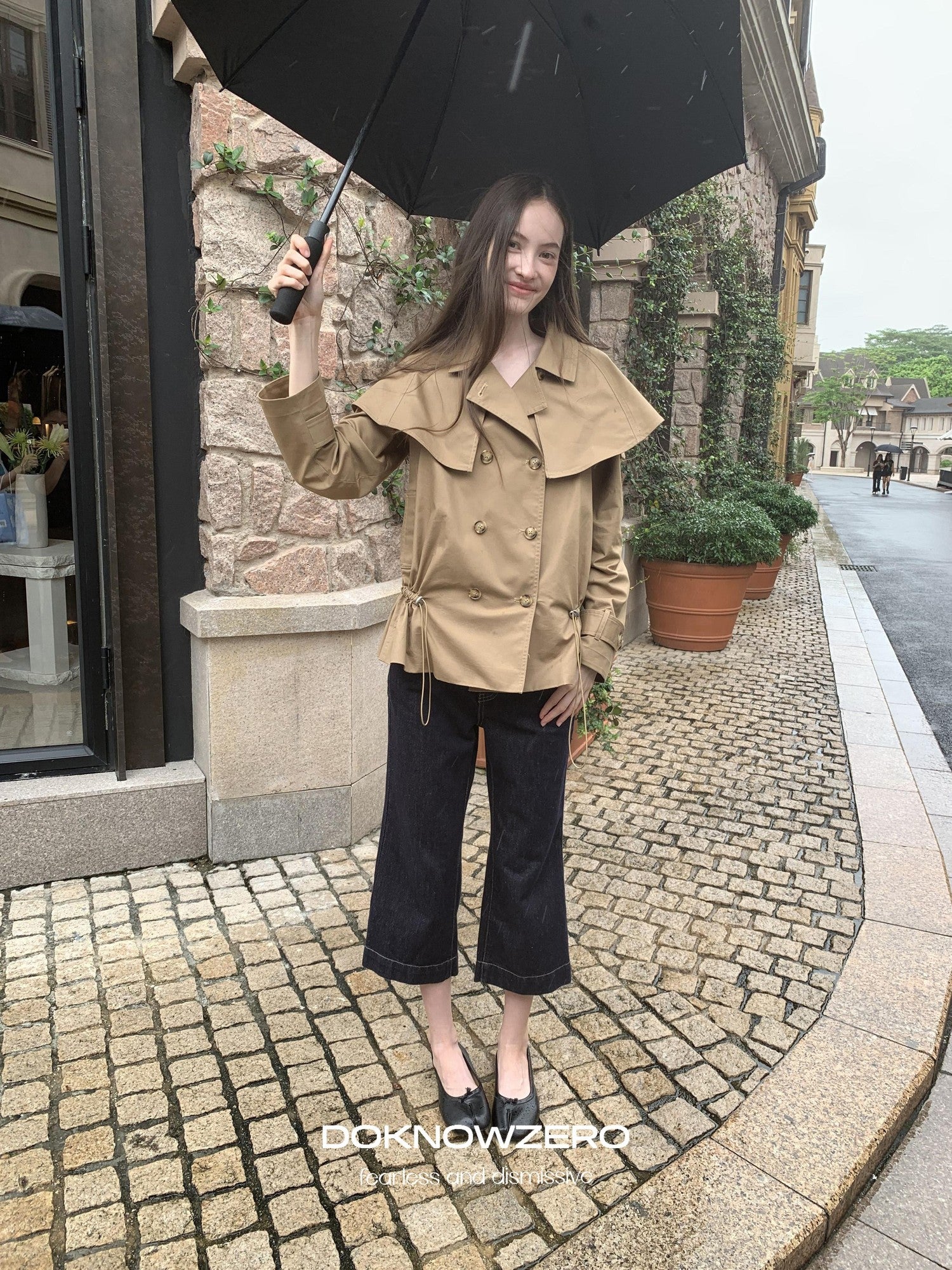DKZ OFFICIAL Detachable Cape Double Breasted Cinched Waist Women&