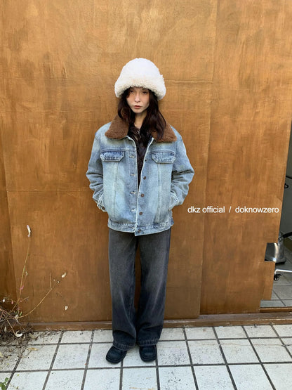 DKZ OFFICIAL Detachable Faux Fur Collar Denim Jacket With Quilted Lining