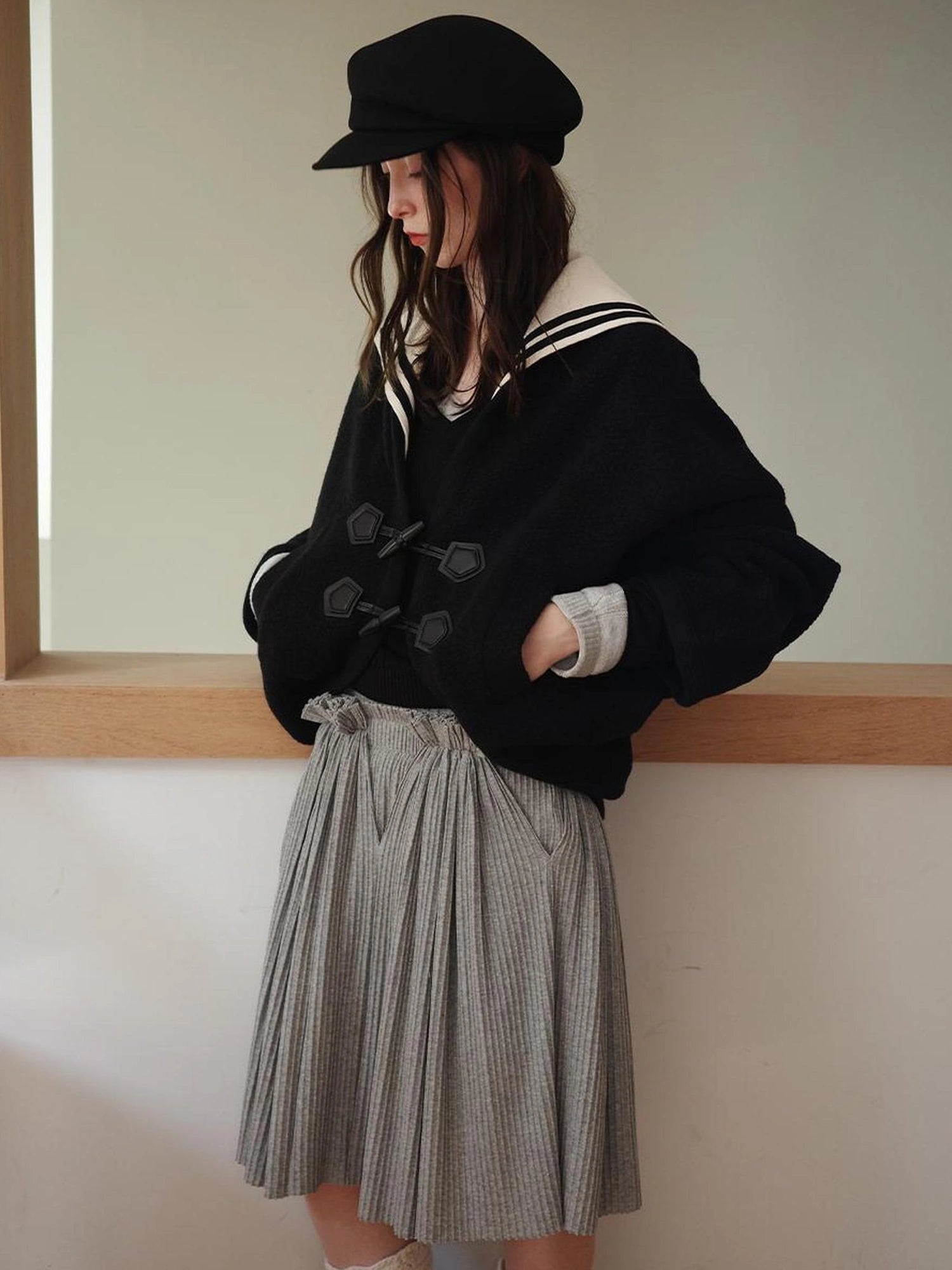 DKZ OFFICIAL Detachable Sailor Collar Wool Blend Batwing Sleeve Coat