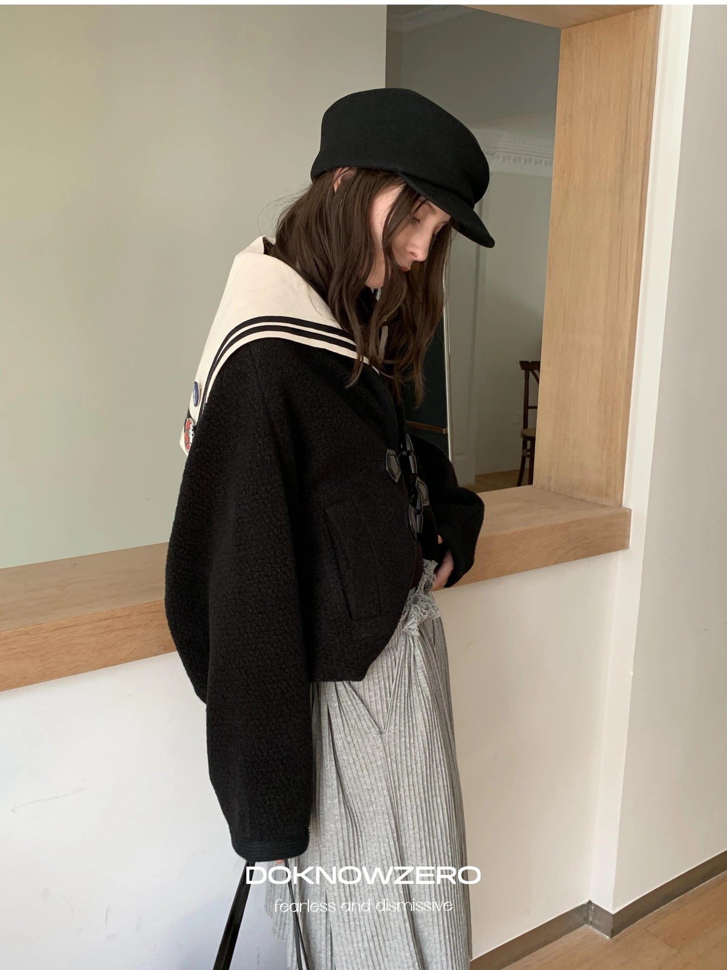 DKZ OFFICIAL Detachable Sailor Collar Wool Blend Batwing Sleeve Coat