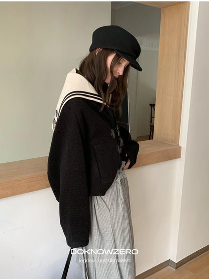 DKZ OFFICIAL Detachable Sailor Collar Wool Blend Batwing Sleeve Coat